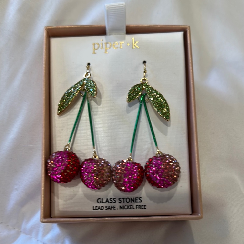 Piper K Cherry Earrings with Pink and Green Accents